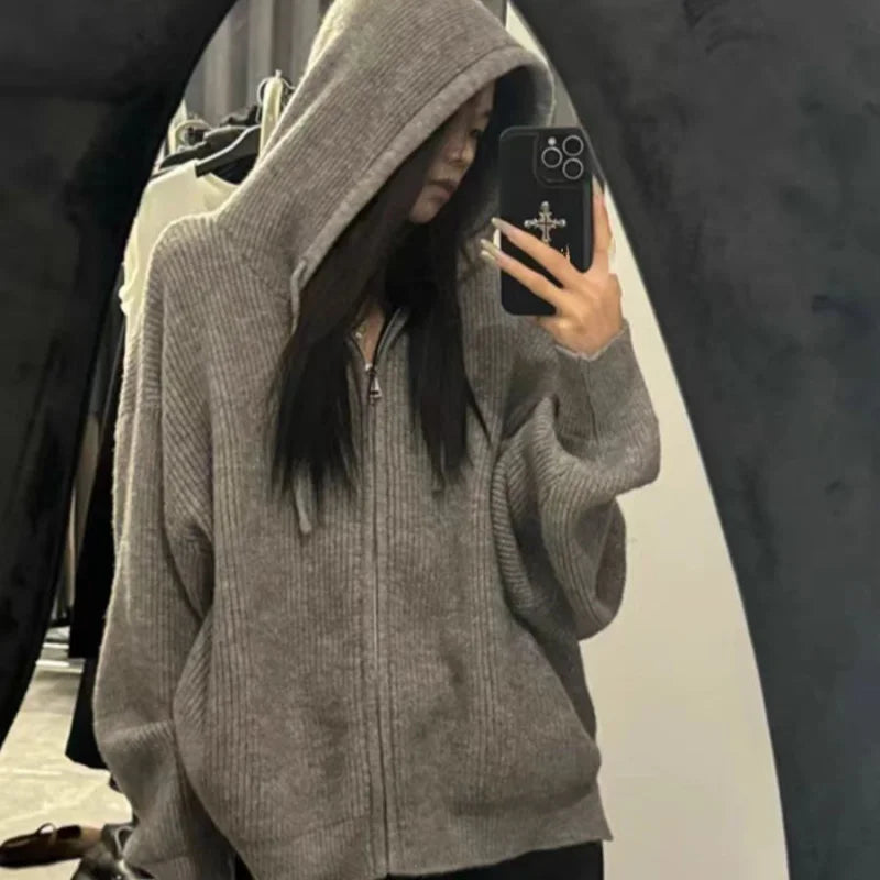 High-end zipper hooded pure cashmere knitted cardigan women's autumn and winter loose woolen coat hoodie and wool jacket