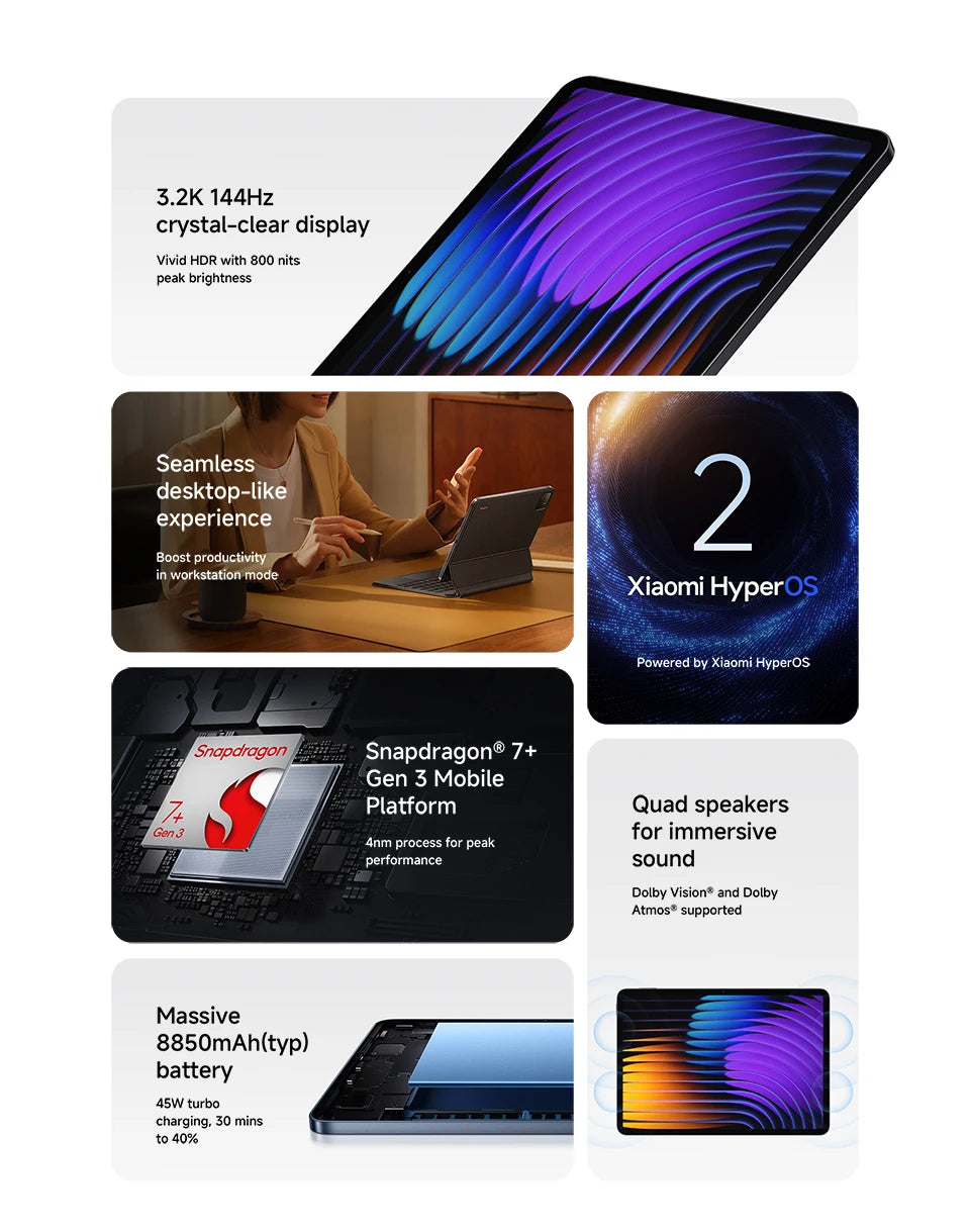 Global Version Xiaomi Pad 7 Tablet PC Snapdragon 7 + Gen 3 11.2 ''3.2K 144Hz Display 8850mAh Big Battery 13MP Real Camera