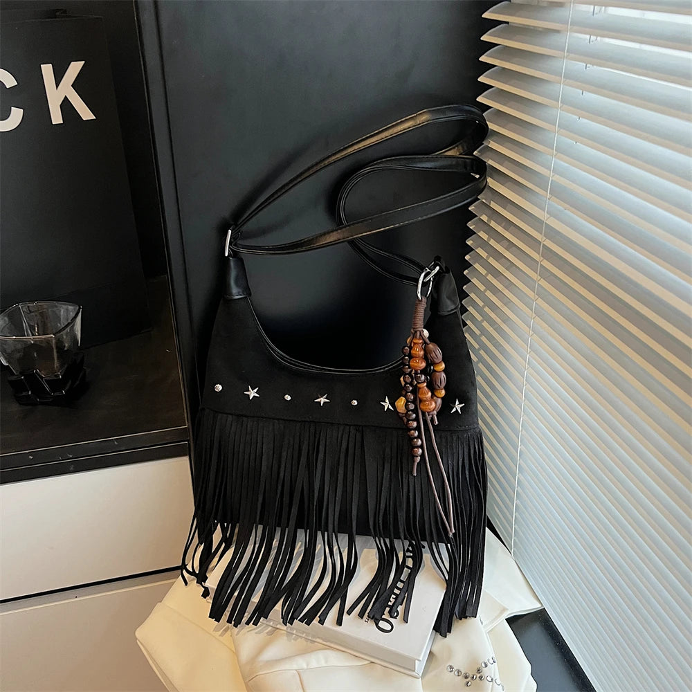 MOODS Fashion Shoulder Bags For Women Rivets Tassels Decored PU Suede Cross Body Bag 2025 Autumn Latest Luxury Designer Handbags