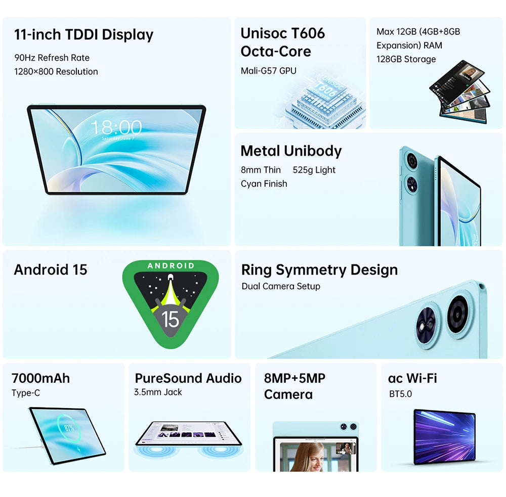 Teclast P50Case Tablet Android 15 11" 12GB(4GB+8GB) RAM 128GB ROM T606 8-Core 7000mAh P50 Case/Keyboard/Mouse/Stylus/Headphone