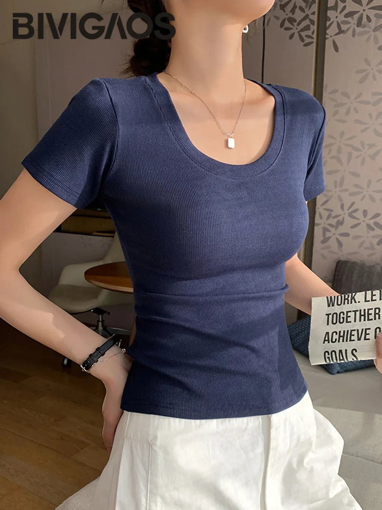 BIVIGAOS Summer New Solid Color U-Neck Short Sleeve T-Shirt Women Casual Fashionable Threaded Cotton Slim Tshirt Top