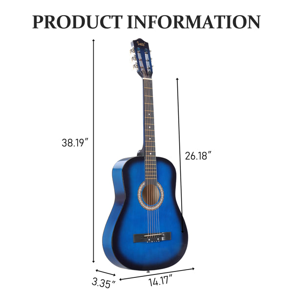 Blue 38-inch Round Acoustic Guitar With Picks, Strings, Capo, Case, Tuner, And Strap